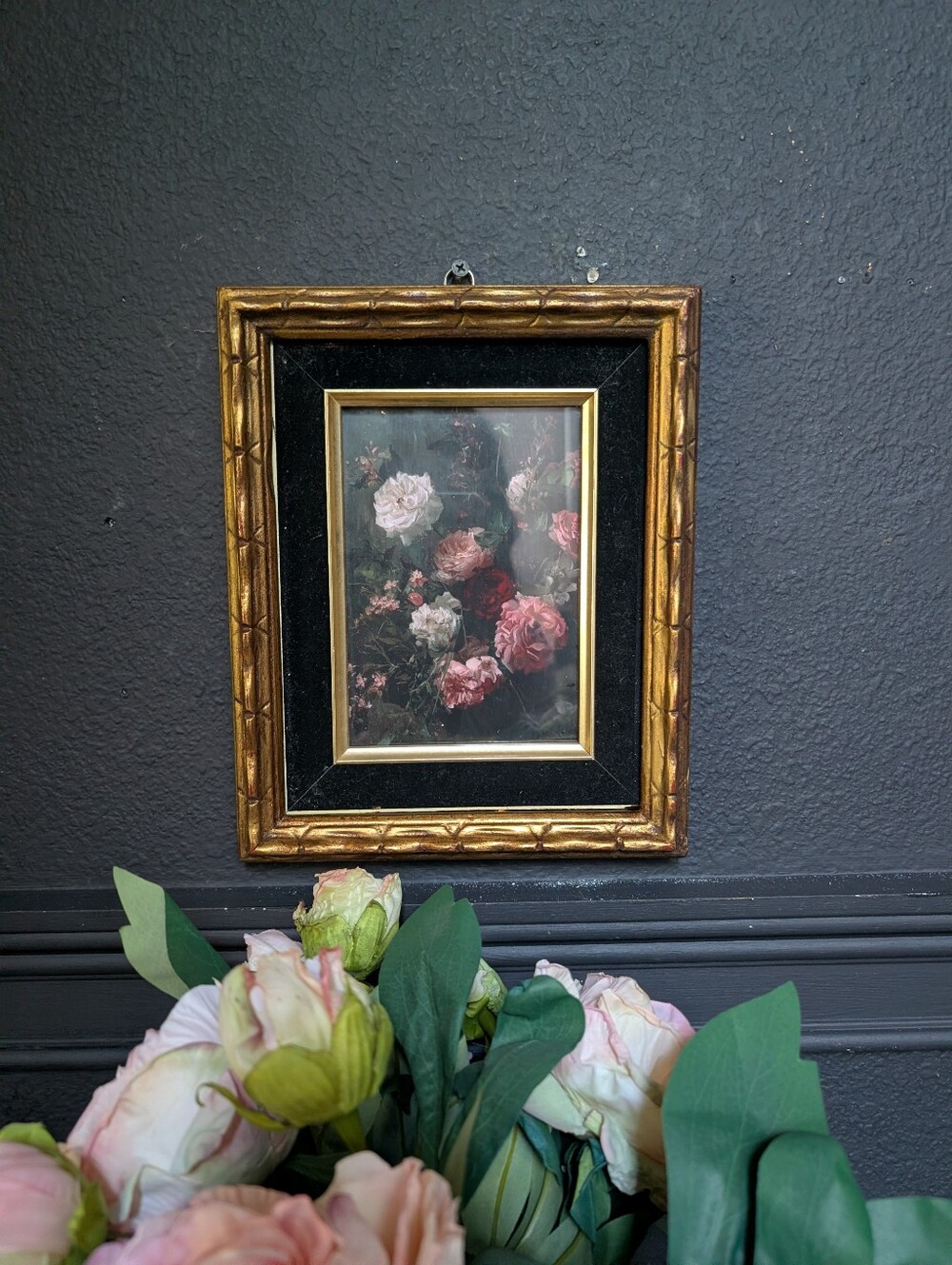 Vintage MCM Ornate Bamboo Wood Gold Frame w/ VTG style Romantic Still Floral Ros